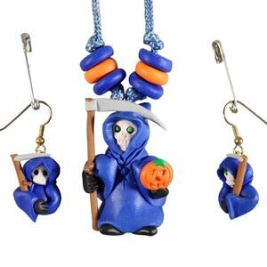 Vintage GRIM REAPER Polymer Clay Gothic Halloween Necklace Earring Set Unique